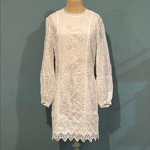 Polo Ralph Lauren White Long Sleeve Eyelet Dress sz 10 Scallop Edges